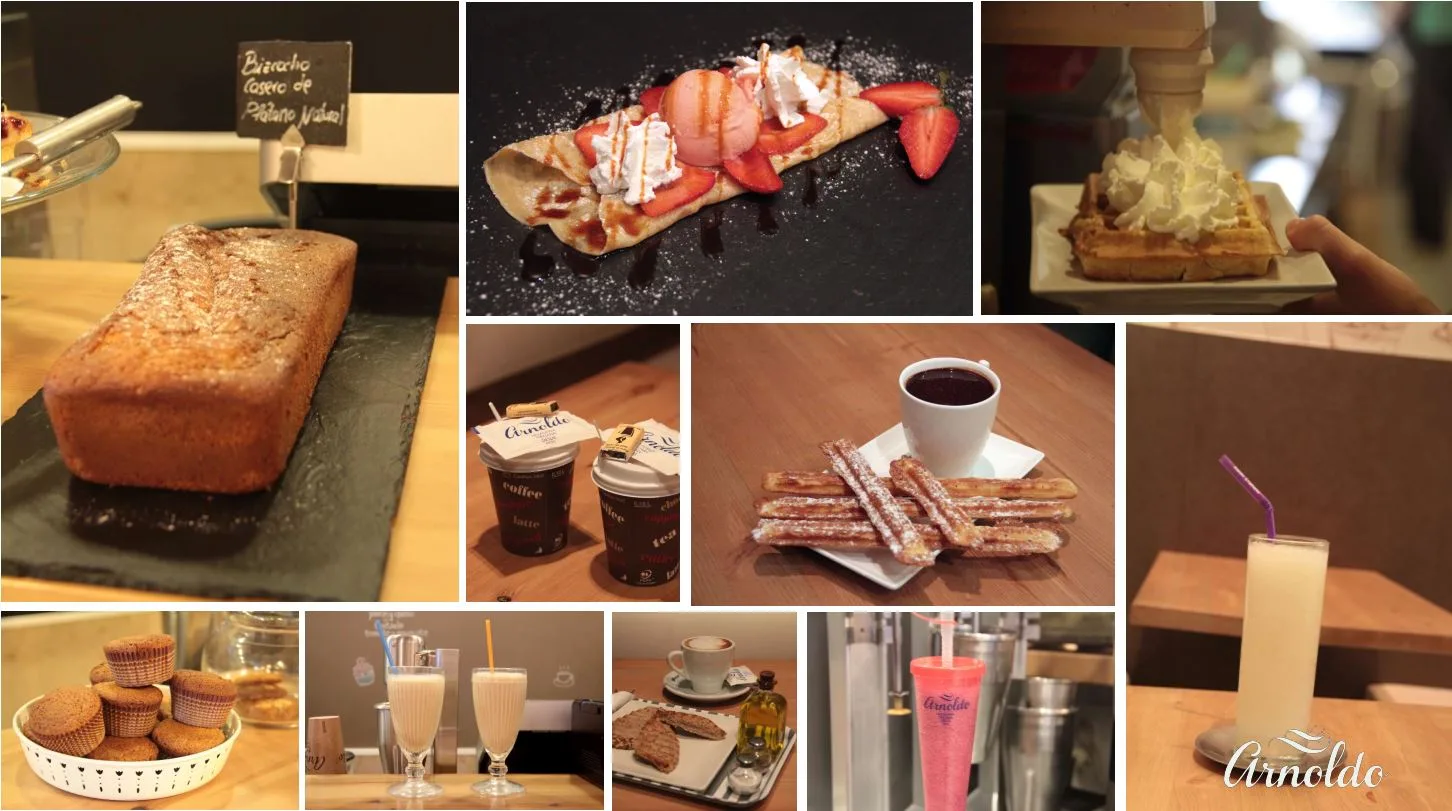 Surtido de la cafetería de Arnoldo: gofres, crepes, churros con chocolate, batidos y bizcocho casero