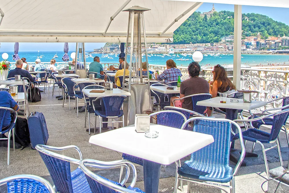 Terraza del Café de la Concha con mesas y sombrillas frente a la playa de Donostia