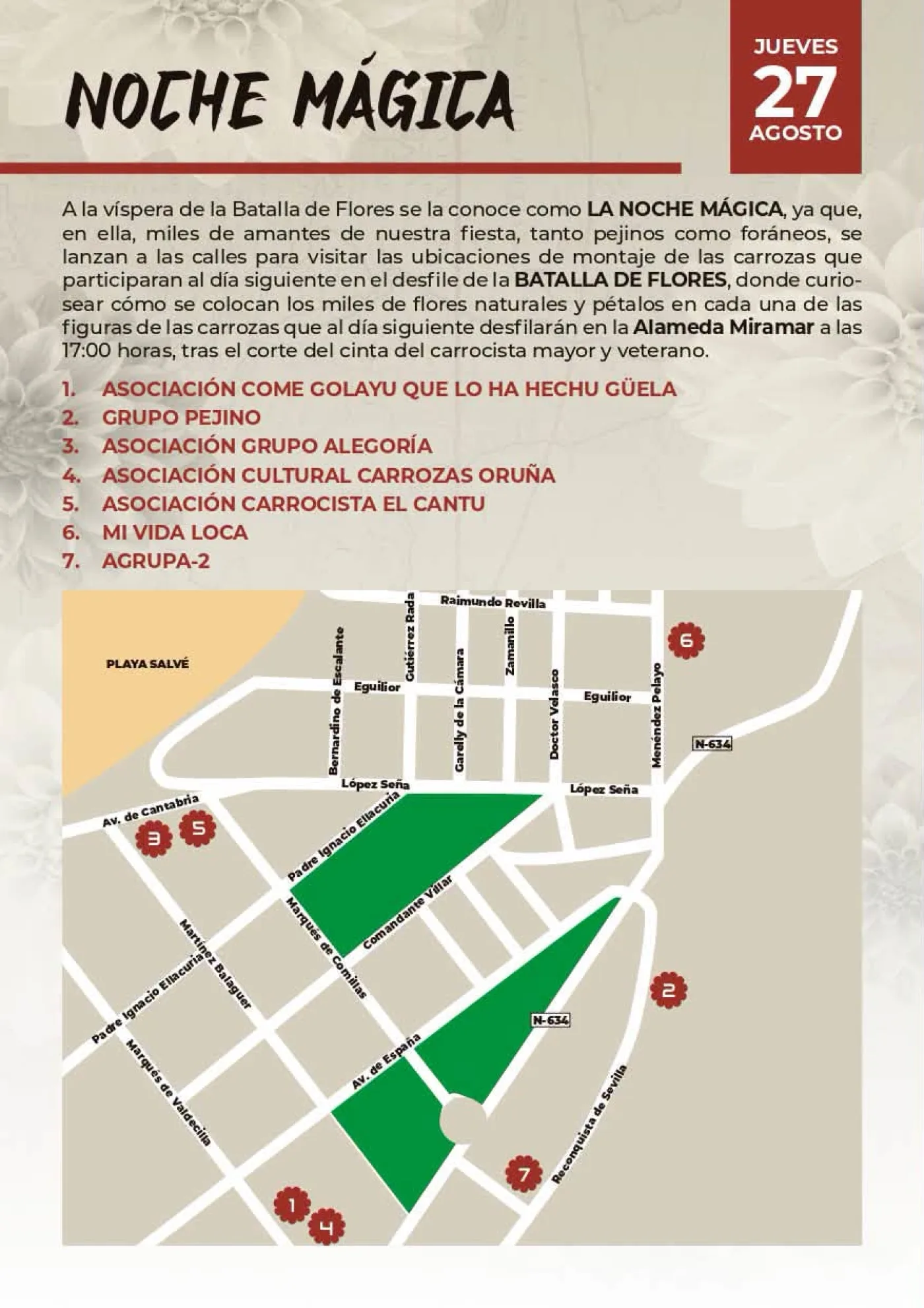 Plano del casco urbano de Laredo con las siete ubicaciones de montaje de las carrozas numeradas en el orden de salida a pista, entre la playa Salvé y la avenida de España.