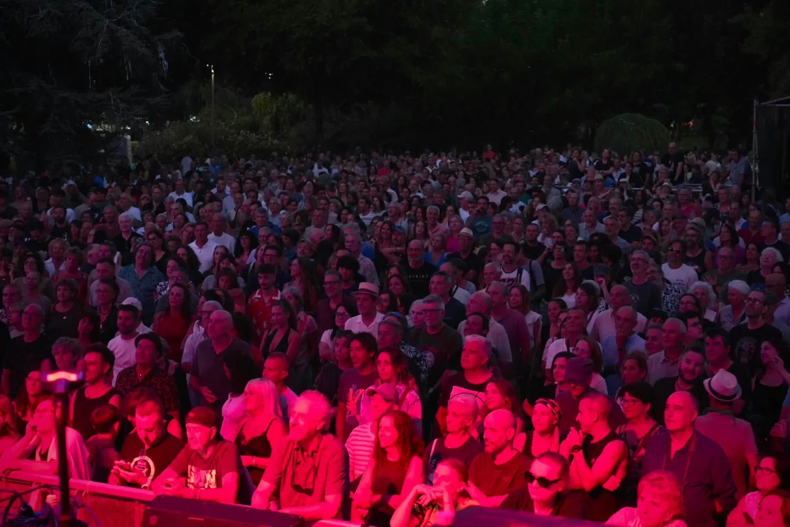Plano frontal del público de un concierto al aire libre: cientos de caras mirando hacia el escenario, iluminadas en rojo las primeras filas y en penumbra las del fondo, bajo los árboles de la Alameda