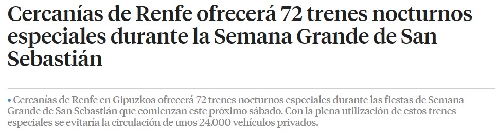 Cercanías de Renfe ofrecerá 72 trenes nocturnos especiales durante la Semana Grande de San Sebastián